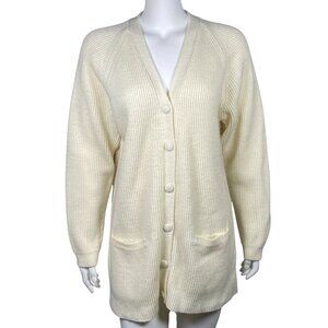 Vintage Button Up Ribbed Knit Tunic Cardigan Sweater Womens M Ivory Grandma